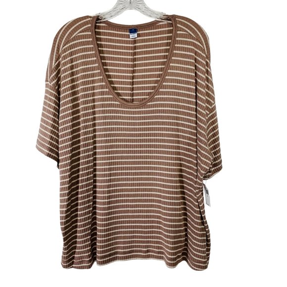 Old Navy Womens Soft Knit Striped Sweater Sz. 2X Scoop Neck  Brown Short Sleeve - Picture 1 of 8